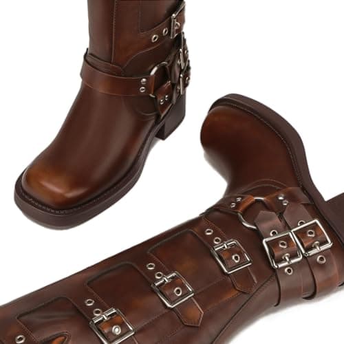 Athlefit Women's Knee High Riding Boots Fashion Buckle Square Toe Chunky Heel Wide Calf Biker Brown Boots Size 8.5 - Thumbnail 6