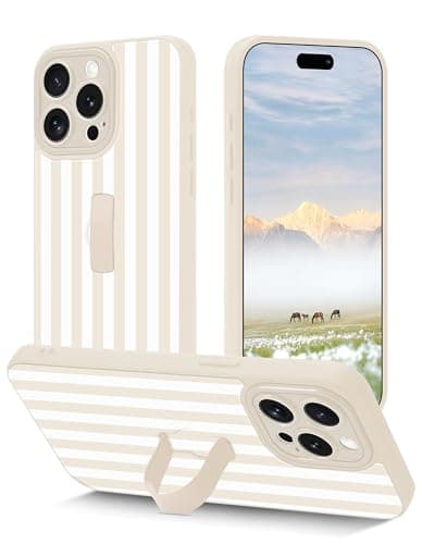 Aitipy Striped Phone Case Compatible with iPhone 16 Pro, with Finger Hand Strap Kickstand Shockproof Full Camera Protection Soft TPU Protective Cover for Women Girls, Beige Striped - Image 1