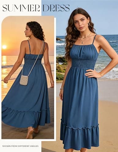 GRACE KARIN Womens Dress Summer Casual Smocked Maxi Dress Sleeveless Ruffle Hem Sundress Long Cami Dresses with Pockets Blue L - Thumbnail 2