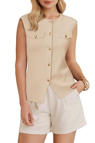 Arach&Cloz Womens 2026 Spring Fashion Cap Sleeve Button Down Crew Neck Sweater Vest Dressy Business Casual Tops Trendy Old Money Work Clothes Summer Sleeveless Blazers Outfits Apricot S - Image 1