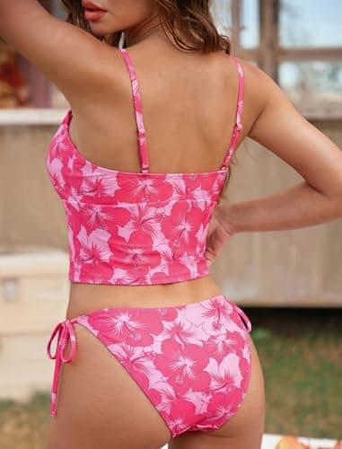 ZAFUL Red Hibiscus Floral Tankini Swimsuits for Womens Cute Tankini Bathing Suits Two Piece Checkered Tankinis Sets Bow Color Block Swimsuits with Tie Side Bottom - Thumbnail 2