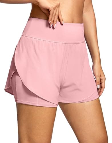 Soothfeel Women's 2 in 1 Running Shorts - High Waisted Lightweight Athletic Workout Gym Yoga Shorts Spandex Liner with Pockets Pink XXL - Image 1
