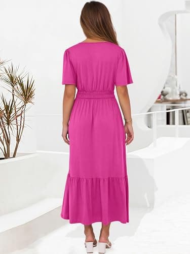 ANRABESS Women's Summer Short Sleeve Maxi Dress 2026 Casual V Neck High Waist A-Line Flowy Loose Tiered Boho Long Dresses Red Large - Thumbnail 5