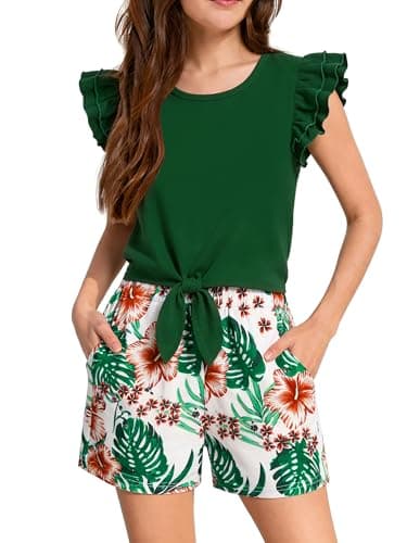 AMAWMW Kids Girls 2 Piece Outfits Summer Clothes Short Sleeve Tie Knot Ruffle Shirts Tops Floral Shorts Sets Green 9-10Y - Image 1