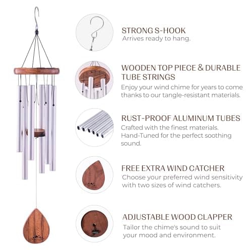 UpBlend Wind Chimes for Outside Gift – Deep Tone Wind Chime with Decorative Stone – Porch & Patio Decor, Elegant Outdoor Ornament, Garden Gifts. 28” Silver. - Thumbnail 6
