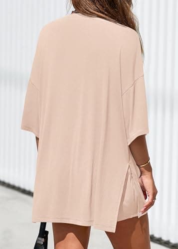 KIRUNDO 2 Piece Sets for Women Summer Lounge Sets Casual Oversized Tshirts Shorts Matching Airport Travel Outfits Postpartum(Beige, Medium) - Thumbnail 2