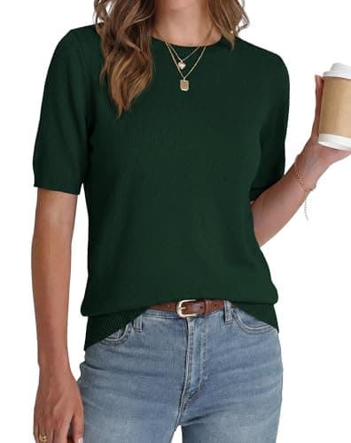 BTFBM Women's Short Sleeve Sweaters 2026 Summer Crew Neck Knit Work Shirts Business Casual Tops Basic Fall Fashion Clothing(Dark Green, Small) - Thumbnail 4