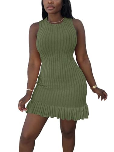 STOLKISS Women Summer Tank Dresses Sleeveless Crew Neck Basic Bodycon Mini Dress Casual Ribbed Knit with Ruffle Hem Sexy 2026 Army Green - Image 1