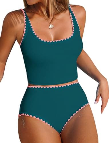 ZAFUL Tummy Control Bathing Suits Two Piece Swimsuits Floral Tankini Top with High Waisted Bottom Peacock Green S - Image 1