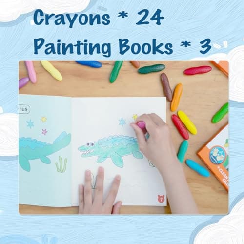 YPLUS Coloring Set for Kids with 24 Crayons 3 Coloring Books, Toddler Painting Kit Peanut Crayon Drawing Books, Washbale Non Toxic Art Craft Supplies for 1-3, 2-4, 4-6 - Thumbnail 2