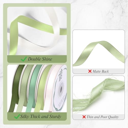 woric Double Faced Green Satin Ribbon 3/8 Inch x 5 Rolls Total 50 Yards Sage Green Wedding Ribbon Floral Bouquet Ribbons for Crafts Cake Bows Graduation Leis Class of 2026 - Thumbnail 2