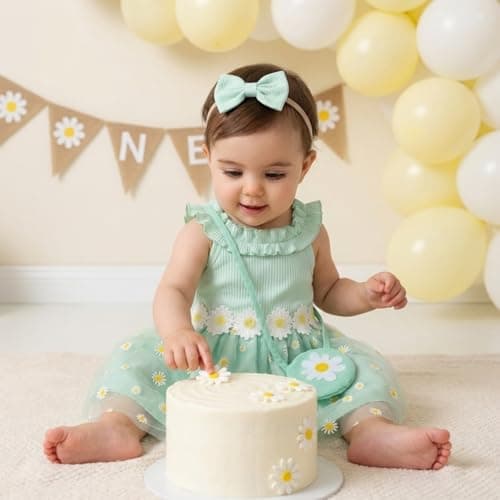 Toddler Girl Daisy Dress Set 3Pcs Ribbed Knit Tulle Sundress with Bag & Headband Cute Summer Floral Outfit for First Birthday Party Light Green 6-9Months - Thumbnail 2