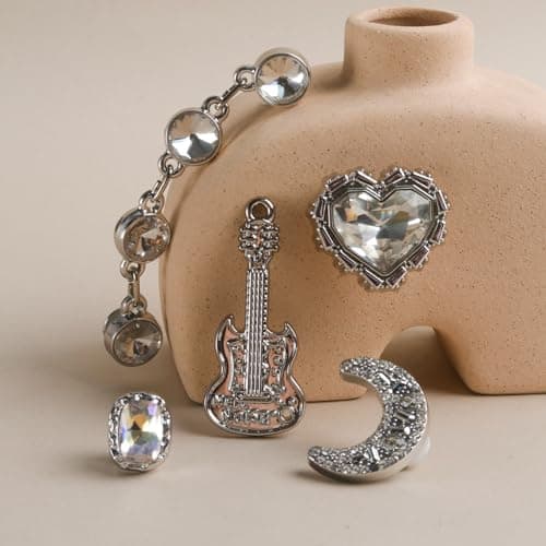 Wenobby 20 Pcs Bling Shoe Decoration Charms for Women Girls, Silver Rhinestone Pearl Gem Bow Heart Flower Guitar Moon Decoration with 2 Diamond Chains Luxury Accessories for Clog Sandals Party Gift - Thumbnail 5