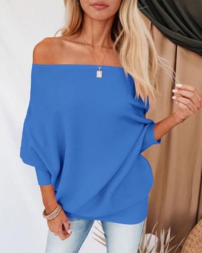 Zenlonr Women's Fall Sweaters 2026 Casual Long Batwing Sleeve Loose Off Shoulder Knit Pullovers Jumper Tops(Brilliant Blue,Large) - Thumbnail 4