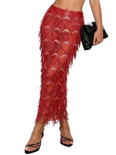Women's Sequin Fringe Midi Skirt - Sheer Mesh Sparkly Tassel Skirt with Side Slit, Elastic Waist Glitter Party Club (US, Alpha, Small, Regular, Regular, Red) - Image 1