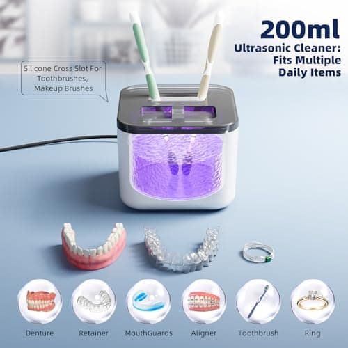 Ultrasonic Retainer Cleaner Machine, Denture Cleaner for Aligners Night Guards Braces Mouth Guards Toothbrush Heads，All-in-One Dental & Jewelry Cleaner, 45kHz 200ML, Dual Modes - Thumbnail 4