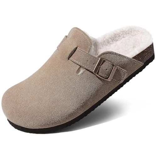 KIDMI Women's Fur Lined Suede Clogs Fuzzy Cork Footbed Mules Slip On Winter Potato Shoes, Taupe 46 (Size 14) - Image 1