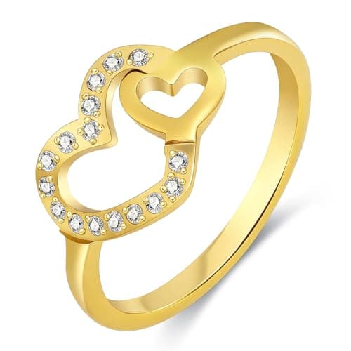 MHWTTY Gold Love Heart Engagement Promise Ring - Wedding Ring with CZ for Women Stainless Steel Size 9 - Image 1