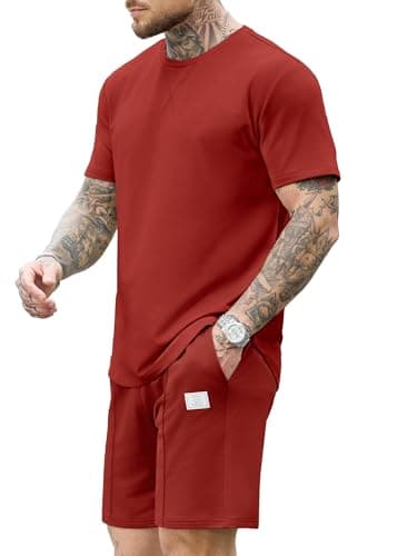 JEMLDL Lounge Sets for Men 2 Piece Summer Casual Outfits Short Sleeve Shirt & Shorts Matching Set Sweat Suit Vacation Clothing Red M - Thumbnail 6