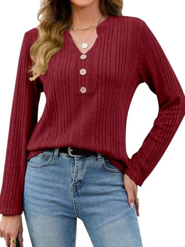 VUTRU Womens Tunic Pullover Sweater Long Sleeve Top V Neck Loose Fit Casual Shirt Blouse for Winter Outfit, Red M - Image 1