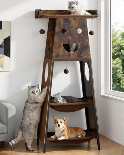 Feliskyn Modern Wood Cat Tree for Indoor Cats, 56 Inch Tall Cat Tower with Hammock, Multi-Level Trees with Perch Bed, 2 Hammock, Cat Condo, Scratching Board, Removable Pad, Cat Furniture, Rustic Brown - Image 1