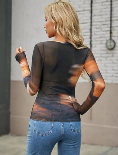 Avidlove Sheer Top Long Sleeve Mesh Top Women Mesh Blouse for Women Long Sleeve Undershirt for Women Gradient Brown S - Thumbnail 6