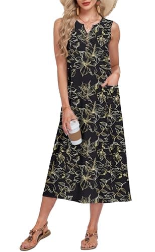 MOLERANI Midi Dress Casual with Pockets V Neck Sleeveless Button Down Summer Women Dresses Sundresses Loose Fit for Beach, Black Gold Leaf, 2XL - Image 1