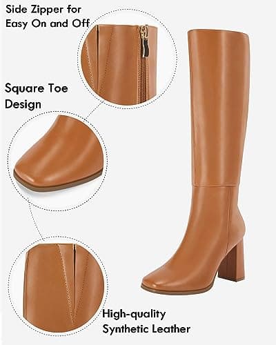 Coutgo Womens Square Toe Knee High Boots High Chunky Heel Side Zipper Faux Leather Winter Tall Boots - Thumbnail 5