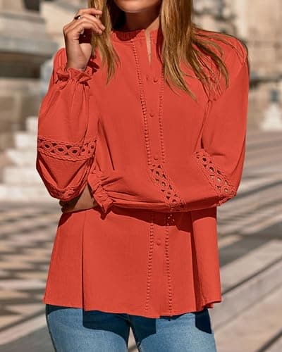 KIRUNDO Going Out Tops for Women 2026 Spring Fashion Boho Cotton Eyelet Long Sleeve Button Up Shirt Lace Dressy Casual Blouse(Orange, Large) - Thumbnail 6