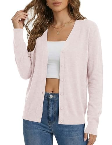 LaGracia Sweater Cardigans for Women Long Sleeve Vneck Open Front Cashmere Lightweight Sweater Trendy Outfits Beige Pink M - Image 1