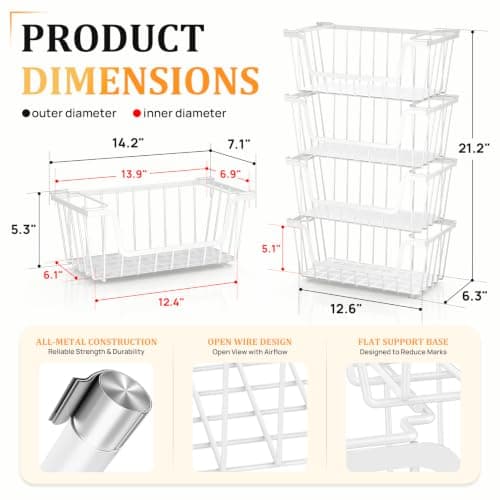 SUNALLY Stackable Storage Bins 4 Pcs Wire Baskets for Pantry Organizers and Storage, Vegetable Fruit Storage Basket for Countertop Organizer,Kitchen Baskets for Onion Potato Snack Cans Storage,White - Thumbnail 2