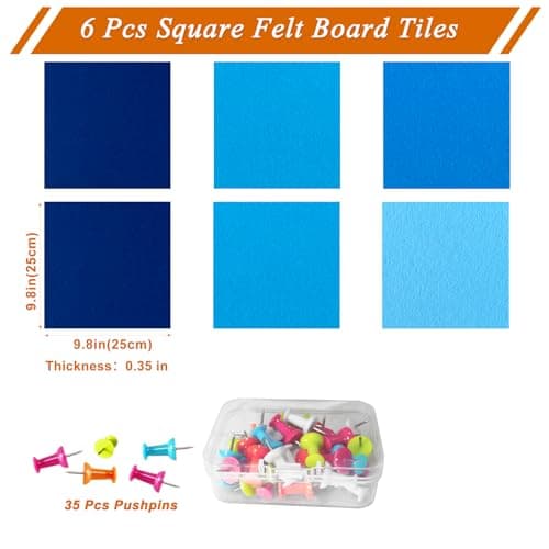 HULAVO Square Felt Cork Bulletin Board Tiles, Self Adhesive DIY Felt Pin Board for Wall 30" x 20" with 35 Pushpins for Office School Home Wall Decor Stickers Memos Photos Display (Gradual Blue) - Thumbnail 4