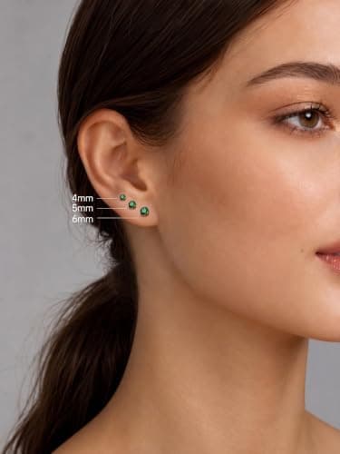 Justbeingcute Emerald Green Earrings For Women 6.5mm May Emerald Stud Green CZ 925 Sterling Silver Gold Plated Hypoallergenic Classic 1ct Studs Great Birthday Gift for Wife/Mom/Grandma - Thumbnail 6