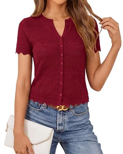 dowerme Women Summer Cardigan Sweaters 2026 Fashion Short Sleeve V Neck Crochet Crop Tops Spring Beach Vacation Clothes(Burgundy,XX-Large) - Image 1