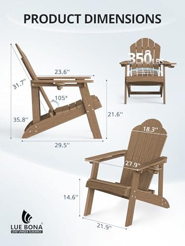 LUE BONA Wood-Grain HDPE Adirondack Chairs Set of 4 - Weather Resistant Seating with Cup Holder for Patio, Fire Pit, Deck & Vacation Rental, Brown - Thumbnail 2