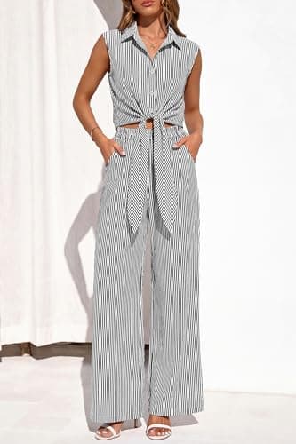 PRETTYGARDEN 2 Piece Sets For Women Summer Striped Button Down Tie Front Crop Tops Wide Leg Pants Floral Lounge Set 2026(Striped Black,Small) - Thumbnail 4