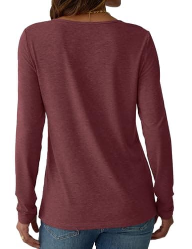 NORACORA Womens Long Sleeve Tops Spring Round Neck Dressy Shirts Tunic Pleated Tees Business Casual T-Shirts Fall Goning Out Outfits Wine Red L - Thumbnail 5