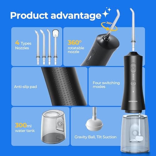 Operan 300ml Cordless Water Dental Flosser, Portable Water Flossers for Teeth, 4 Pulse Modes IPX7 Waterproof Oral Irrigator with 4 Tips, 21 Days Runtime for Travel, Home, Braces, Gum Care, Black+1Pack - Thumbnail 6