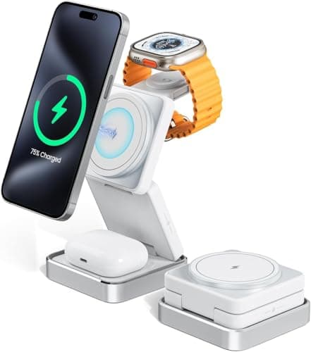 3-in-1 Wireless Charger for iPhone,15W Fast Wireless Charging Station Compatible with Mag-Safe Charger,Magnetic Foldable Travel Charger Stand Nightstand for iPhone 17/16/15/14/13,Apple Watch&AirPods - Image 1