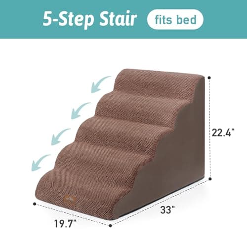 COZY KISS Extra Wide Dog Stairs 19.7" Width, Large Pet Step for Small Medium Dog, Puppy or Cat, Ramp for High Bed or Car, High Density Foam Ladder, Stable, 5 Step, 19.7x33x22.4 inch, Brown - Thumbnail 3