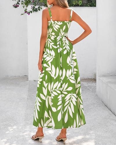 PRETTYGARDEN Womens Summer Dresses 2026 Casual Spaghetti Strap Ruffle Smocked Flowy Floral Spring Maxi Dress with Pocket(Leaves Light Green,Medium) - Thumbnail 5