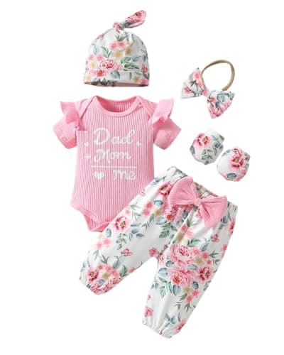 ChuYuKu Newborn Girl Clothes 5Pcs Ruffle Sleeve Soft Romper Cute Spring Flower Pants Set Baby Girls Celebration Gift Outfits - Image 1