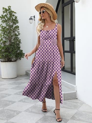 ANRABESS Women Summer Casual Floral Printed Square Neck Sleeveless Straps Elastic Waist Slit Beach Vacation Maxi Dress Floral Purple X-Large - Thumbnail 2