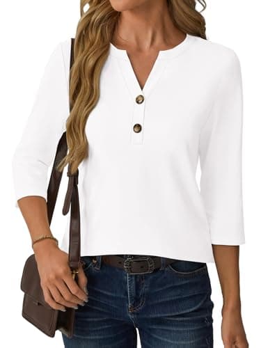 GKBK Womens Tops 3/4 Length Sleeve V Neck Button Down Loose Fit Shirts Business Casual Basic Tees Summer Fashion 2026 Dressy Casual Vacation Travel Essentials Blouses Trendy Outfits White XL - Thumbnail 6