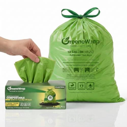 GreeneWrap 13 Gallon Compostable Trash Bags with Drawstring, 30 Count, 1 Mil, Tall Kitchen Food Scrap Compost Bags, BPI Certified, ASTM D6400, Compostable Garbage Bags, Unscented, 13 Gal - Image 1