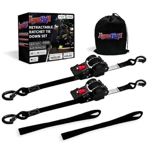Retractable Ratchet Straps (2-Pack) - Heavy Duty Auto Slow Retraction Tie Down Straps - 1 Inch x 13 Feet (1,800lb Break Strength) for Truck, Cargo Trailer, Motorcycle, ATV, UTV - Black