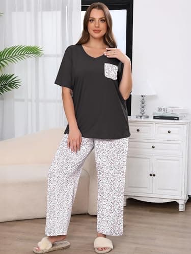AusLook Plus Women Pajamas Set 2 Piece Lounge Sets Short Sleeve Top and Full Length Pant Chest Pocket Matching Maternity Christmas Print Ditsy Floral 5X Pjs Loungewear Sleepwear - Thumbnail 3