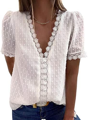 Dokotoo Womens Ladies 2026 Summer Sexy Lace Crochet V Neck Short Sleeve Swiss Dots Pom Pom Boho Shirts Casual Loose Solid Babydoll Chiffon Blouses for Women Tops White 2XL - Image 1