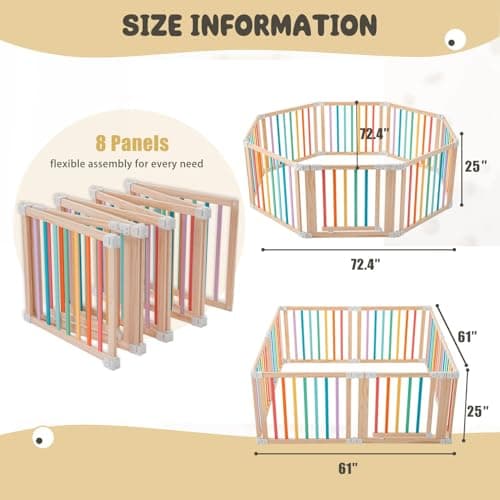 Gewitt Baby Wooden Playpen, Foldable Shape & Size Adjustable Playpen for Toddler and Babies, Wood Baby Play Yard with Locking Gate, Large Pack and Play for Play Area Indoor(Multicolor, 8 Panel) - Thumbnail 4