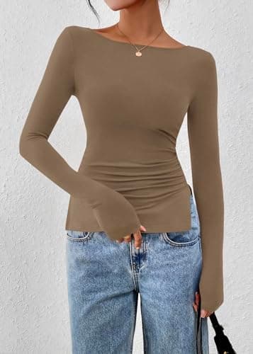 KIRUNDO Long Sleeve Going Out Tops for Women 2026 Spring Casual Boat Neck Workout Shirts Fall Fitted Side Slit Basic Tees(Khaki, Small) - Thumbnail 4